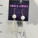 Silver Safety Pin Pearl Dangle Earrings